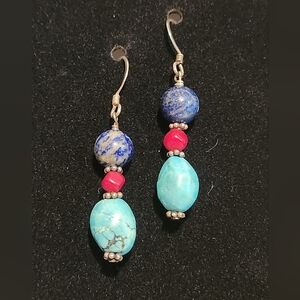 925 Sterling Silver Turquoise, Lapis Lazuli, and Dyed Agate Stone Earrings